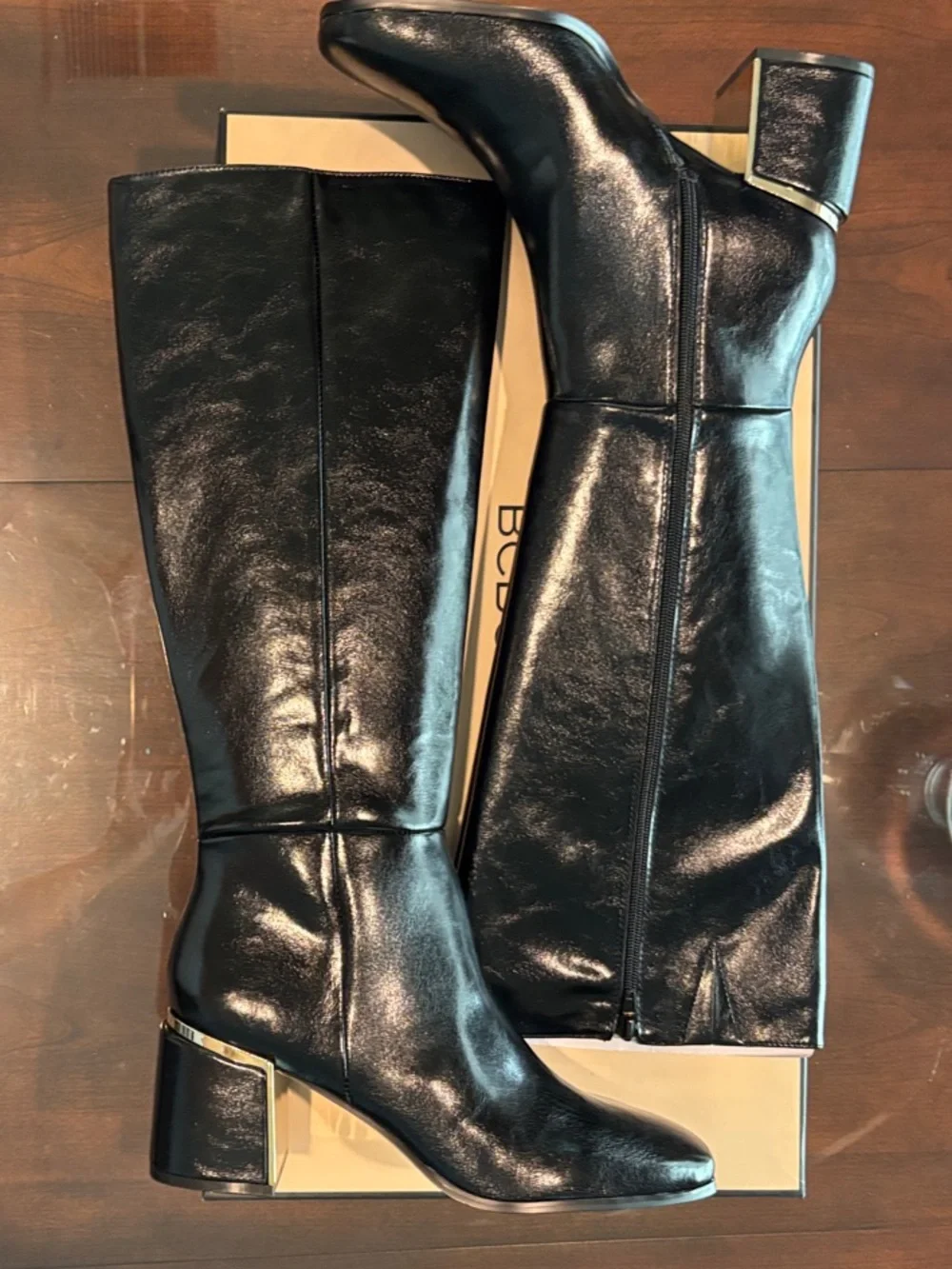 BCBGeneration Black Over-The-Knee Block Heel Boots with Gold Accent